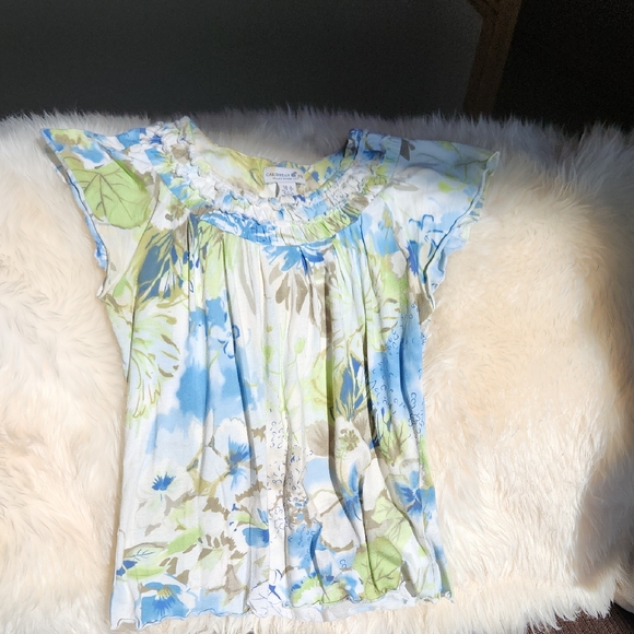 Caribean Joe Floral Blouse in Blue and Green Sz S - Picture 1 of 7